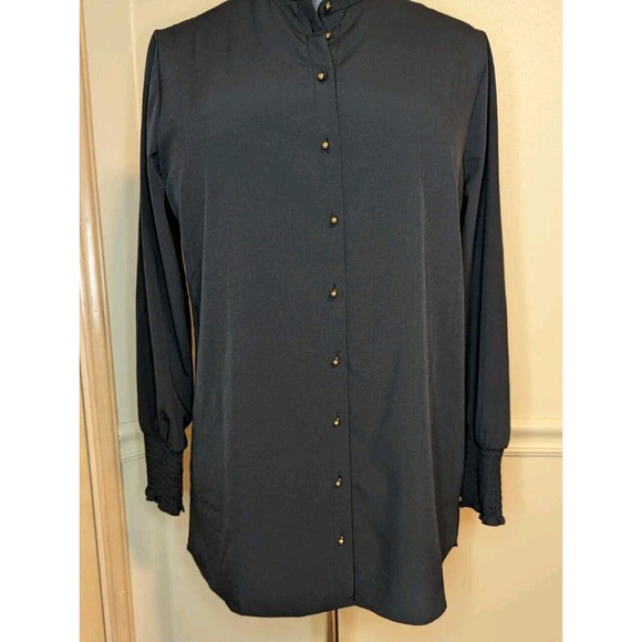 Soft Surroundings Vivian Black Ruffle High Neck Gold Button Up Shirt Size MP - Picture 4 of 9